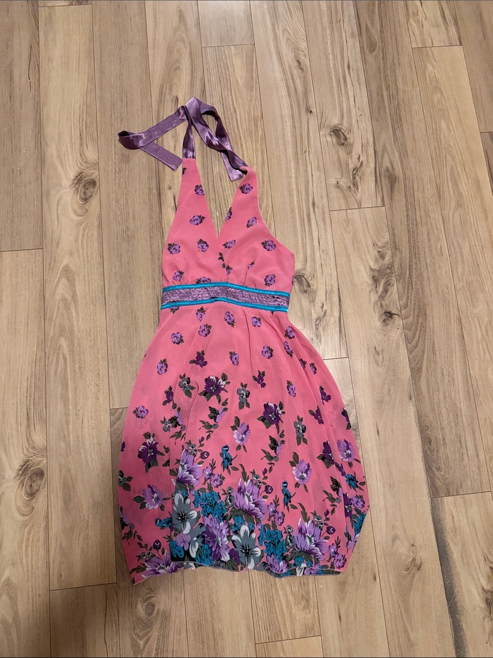 Girls' Pink Floral Halter Dress with Purple Accents